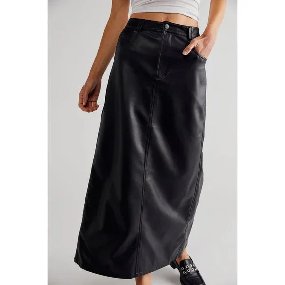 🎉LAST CHANCE🎉 FREE PEOPLE City Slicker Vegan Maxi Skirt / Black - Picture 5 of 7